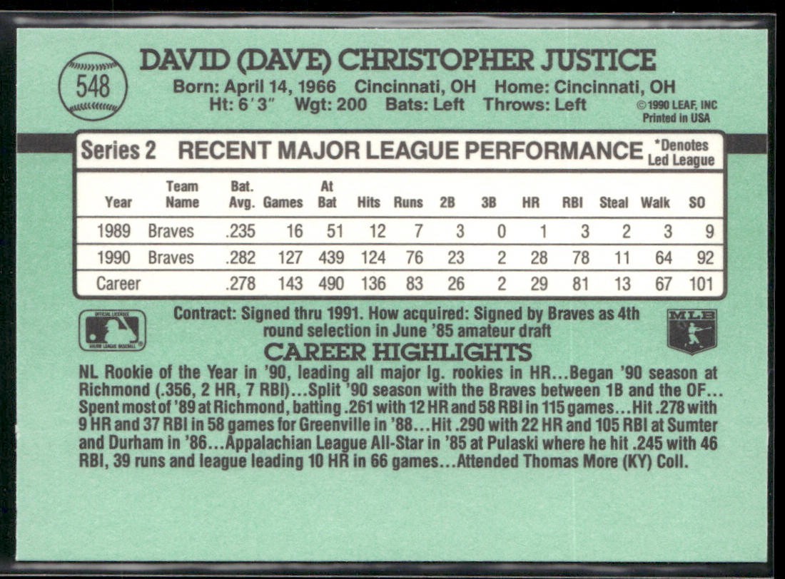 David Justice Player Lot Bundle 11 Different Baseball Cards DJ001 Braves back