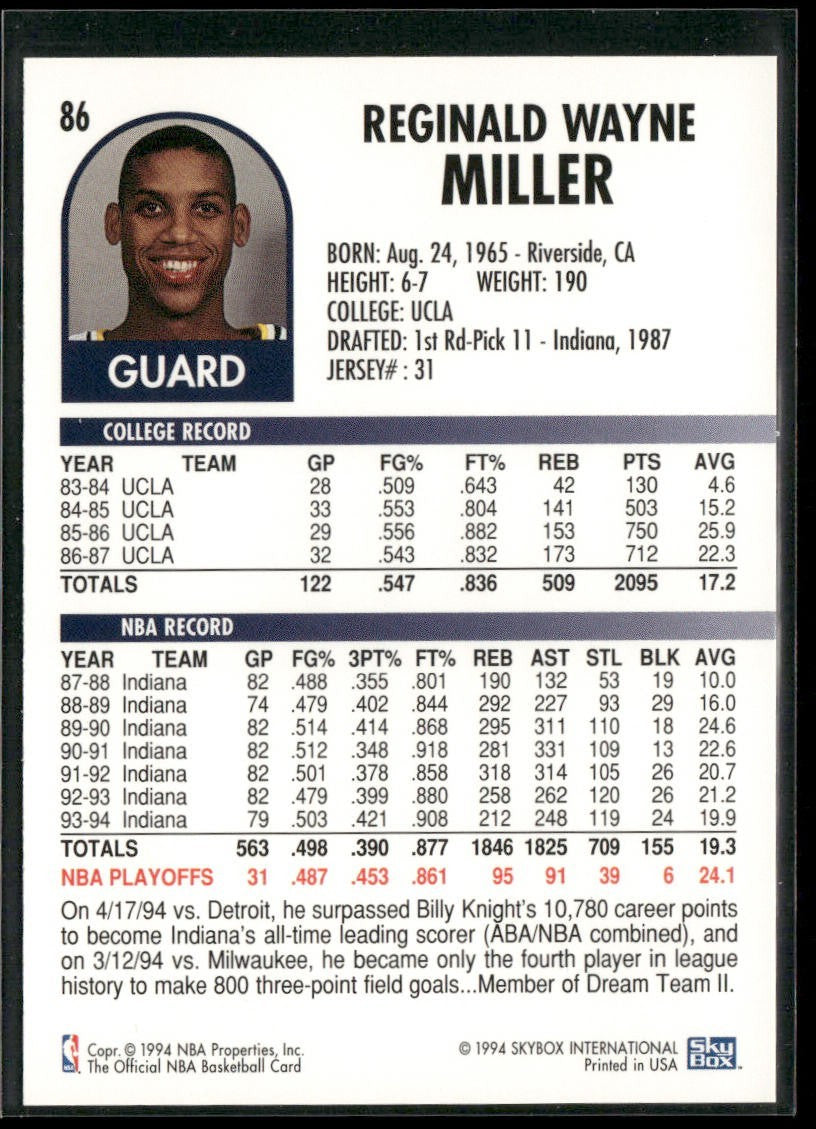 Reggie Miller Player Lot Bundle 10 Basketball Cards RM003 Pacers back