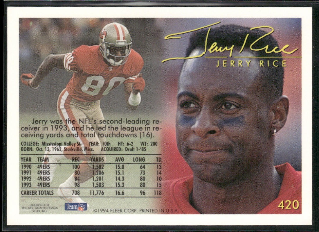 Jerry Rice Player Lot Bundle 10 Different Football Cards JR005 49ers back