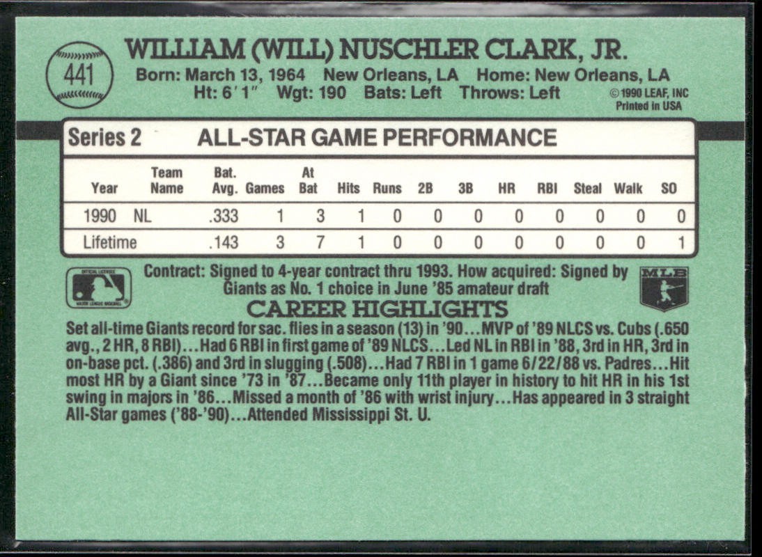 Will Clark Player Lot Bundle 10 Different Baseball Cards WC002 Giants back
