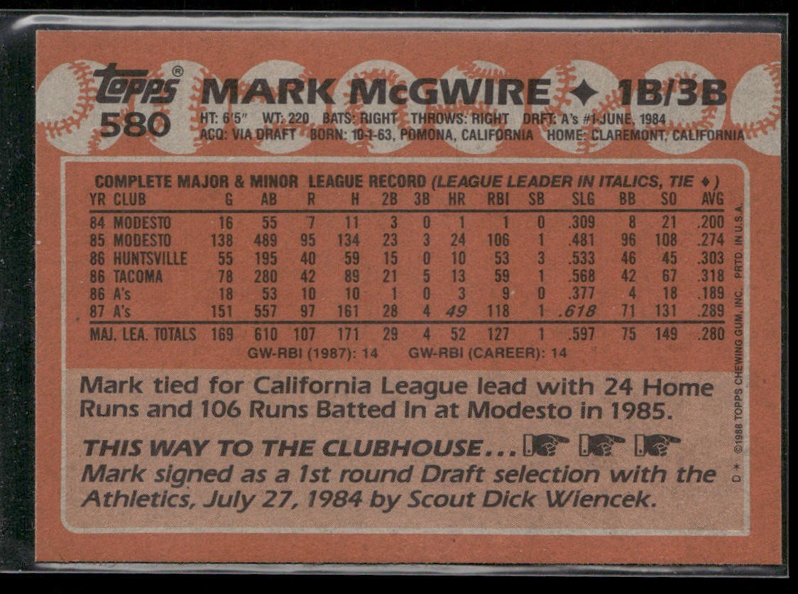 Mark McGwire Player Lot Bundle 10 Different Baseball Cards MM001 Athletics back