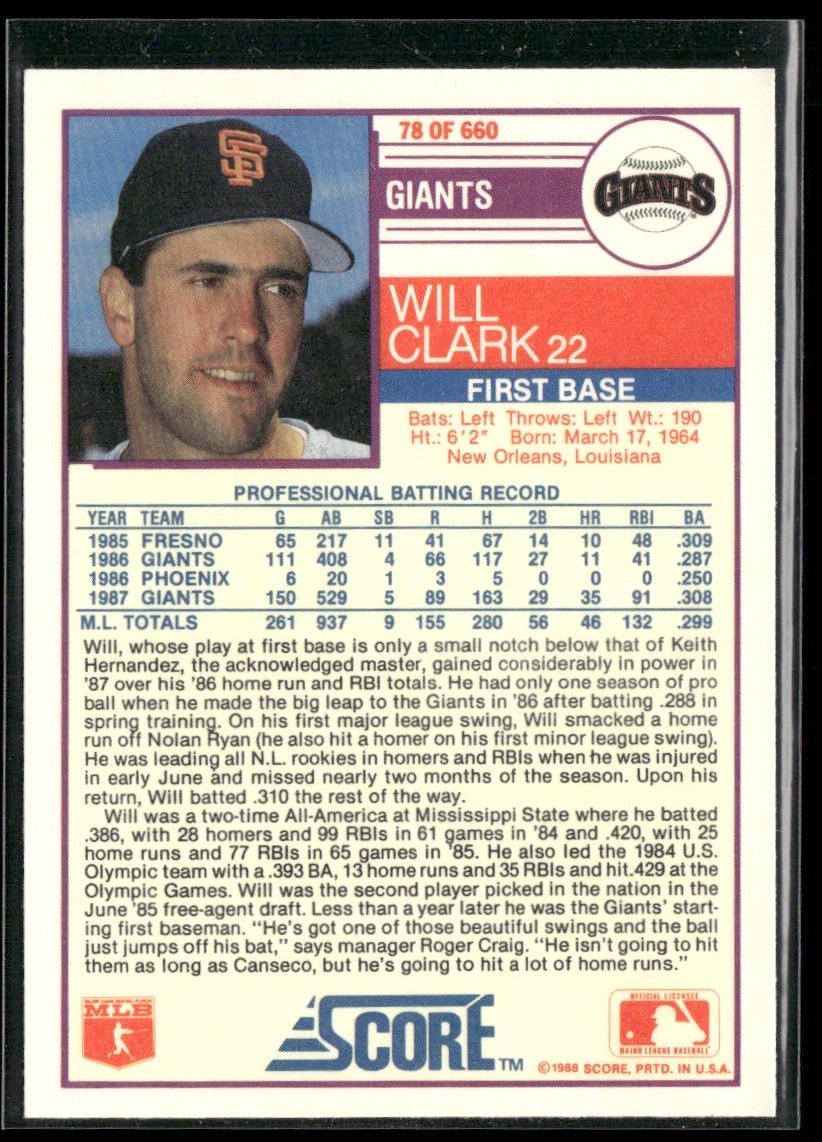 Will Clark Player Lot Bundle 10 Different Baseball Cards WC001 Giants back