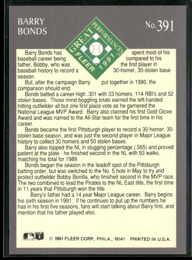 Barry Bonds Player Lot Bundle 10 Different Baseball Cards BB001 Giants Pirates back