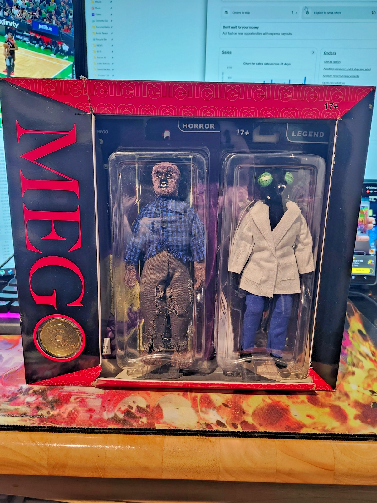 MEGO Horror and Legend 2-Pack | Werewolf and The Fly 8" With MEGO Gold Coin front