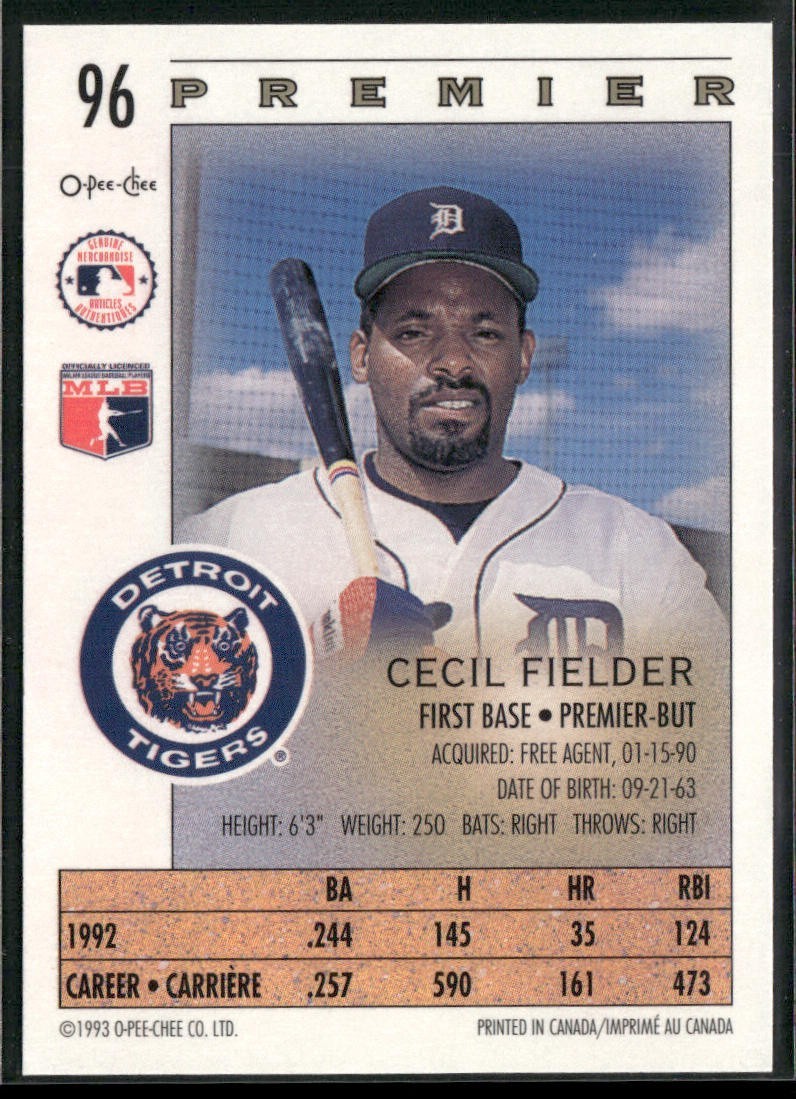 Cecil Fielder Player Lot Bundle 10 Different Baseball Cards CF001 Tigers back