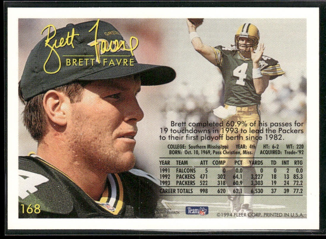 Brett Favre Player Lot Bundle 10 Different Football Cards BF005 Packers 1 RC back