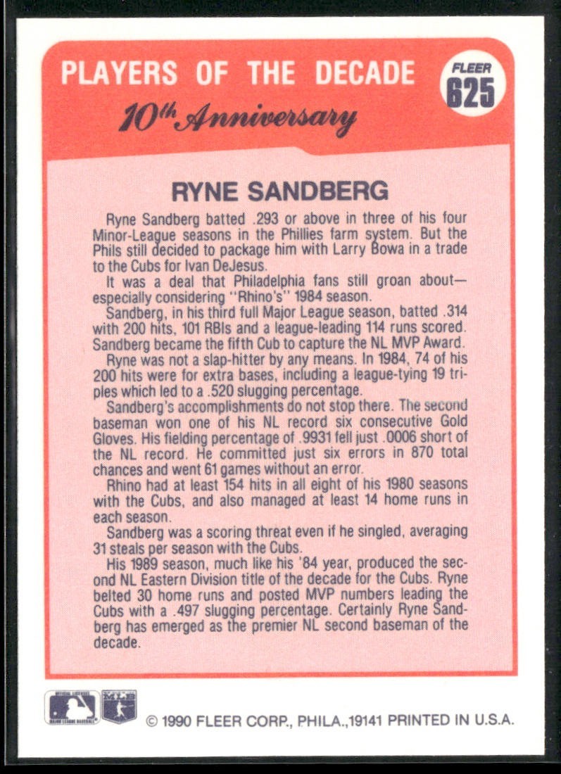 Ryne Sandberg Lot Bundle 10 Different Baseball Cards RS001 Cubs back