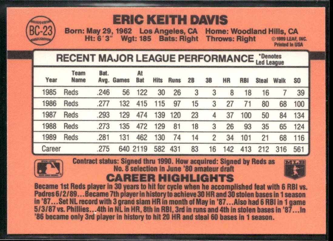 Eric Davis Player Lot Bundle 10 Different Baseball Cards ED001 Reds back