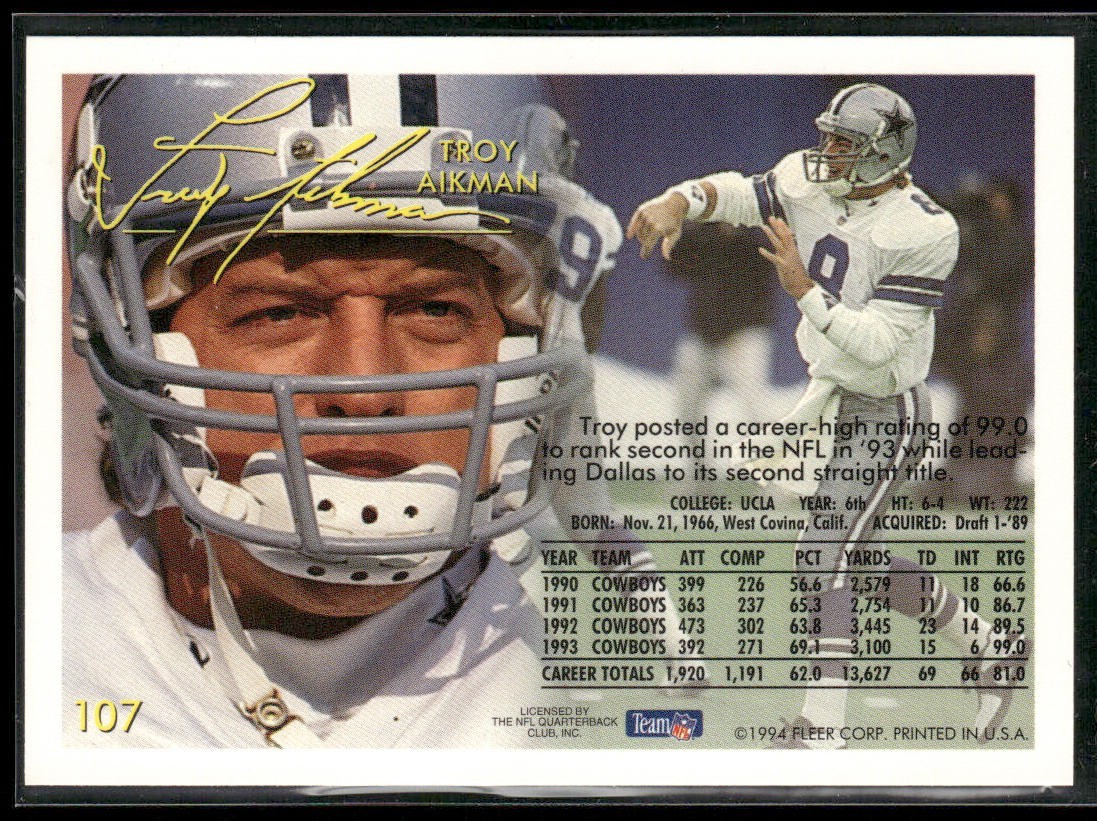 Troy Aikman Player Lot Bundle 10 Different Football Cards TA001 Cowboys back