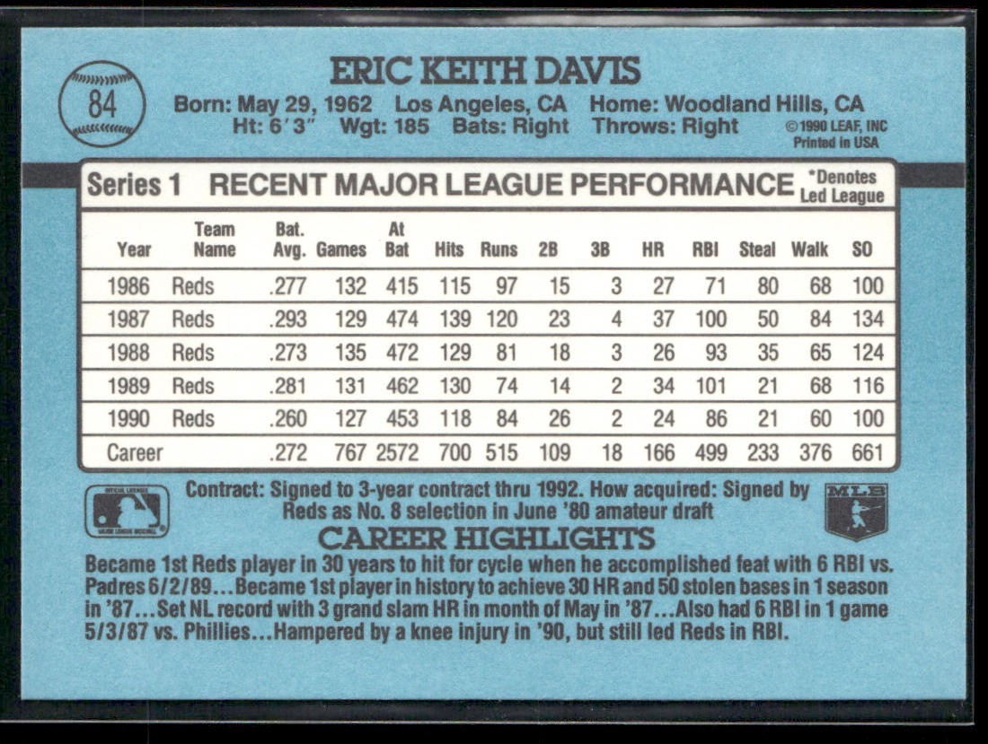 Eric Davis Player Lot Bundle 10 Different Baseball Cards ED001 Reds back