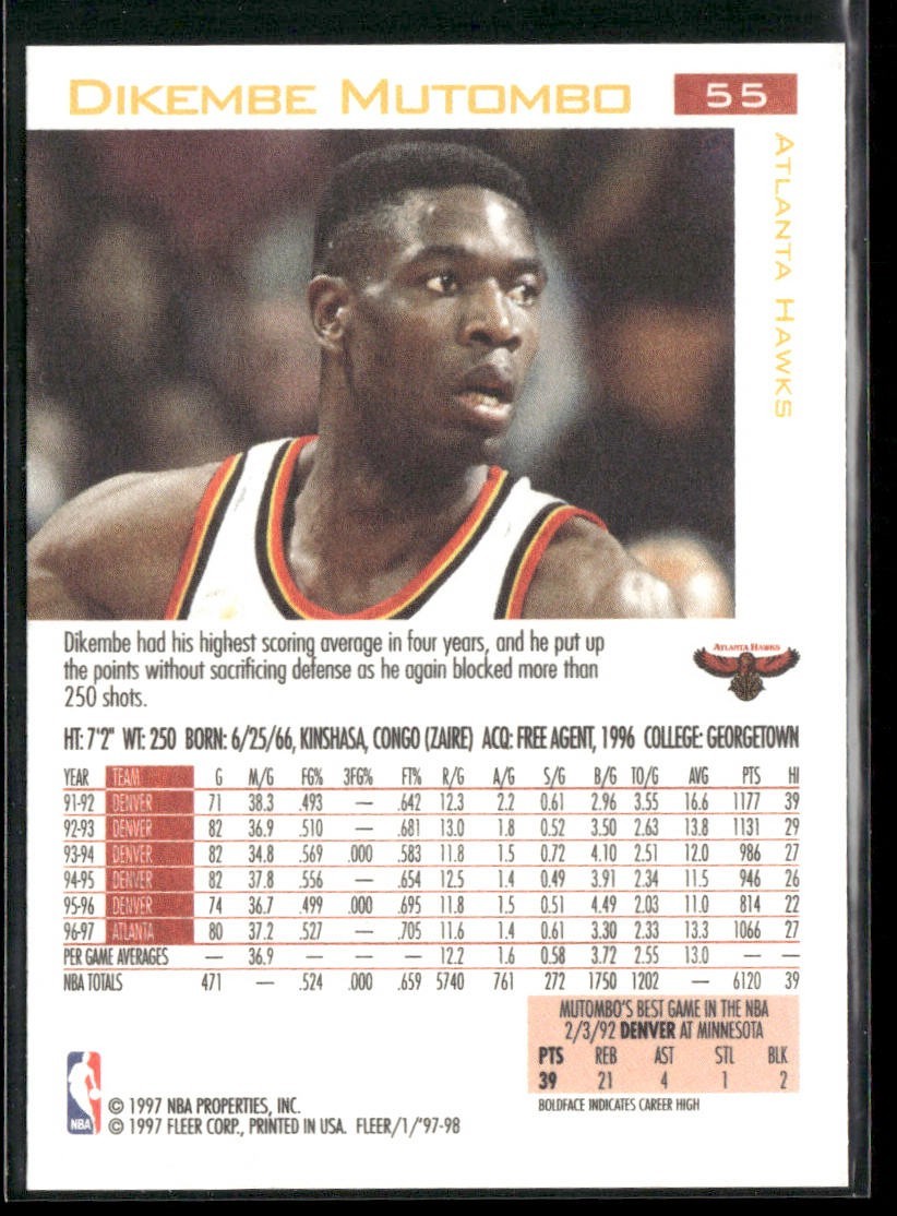 Dikembe Mutombo Player Lot Bundle 10 Basketball Cards DM004 Nuggets Hawks back