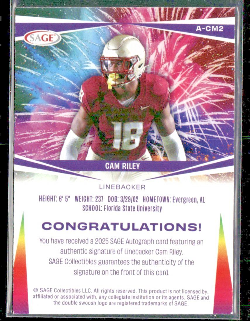 2025 Sage High Series Cam Riley AUTO #A-CM2 Rookie Florida State | Patriots back