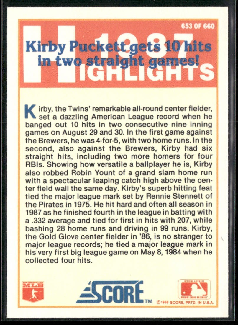 Kirby Puckett Player Lot Bundle 10 Different Baseball Cards KP002 Twins back