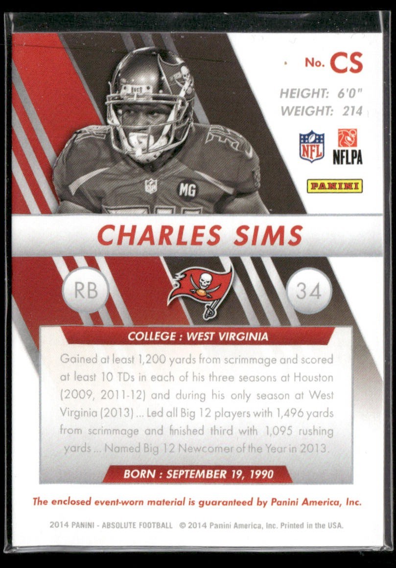 2014 Panini Absolute Rookie Jersey Collection Charles Sims #CS RC Buccaneers back
