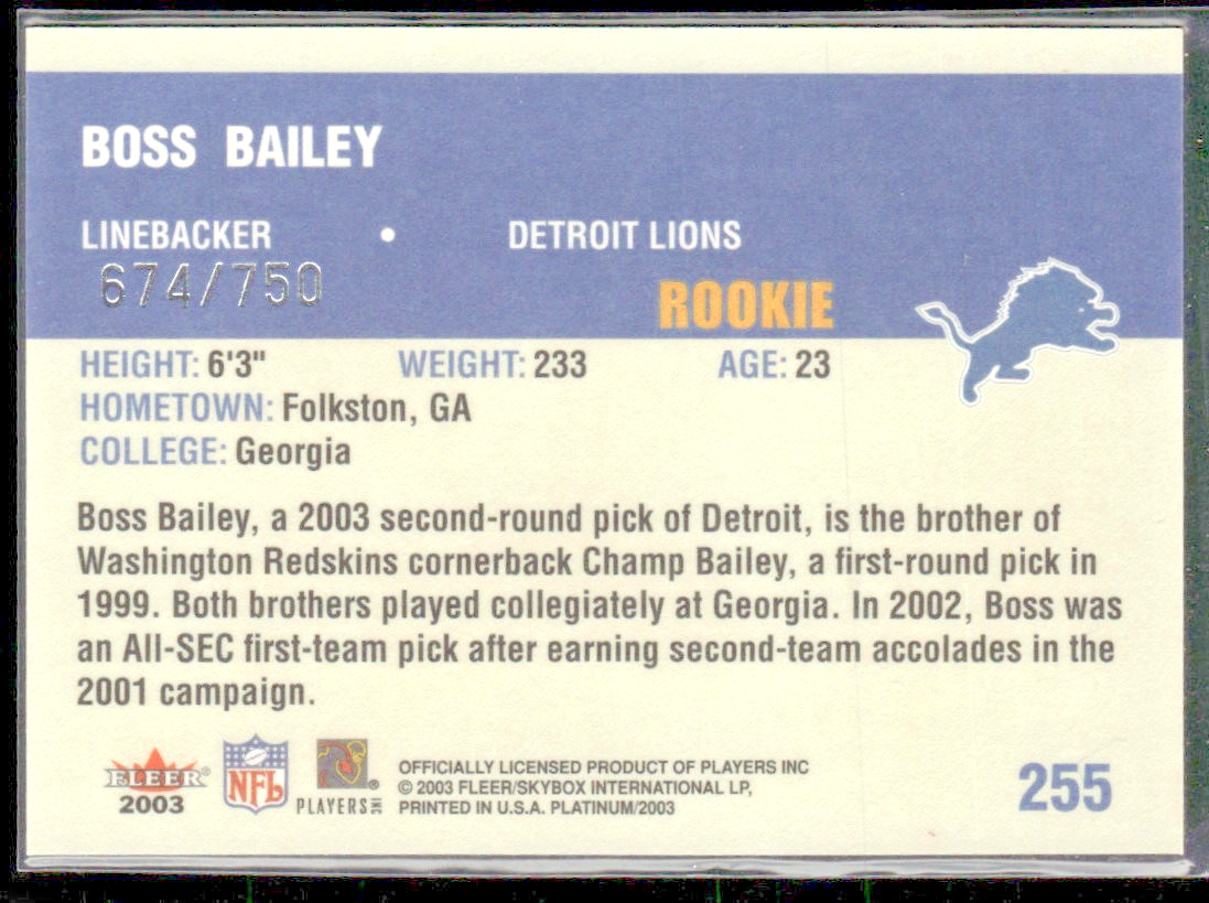 Boss Bailey 2003 Fleer Platinum RC #255 /750 Detroit Lions back