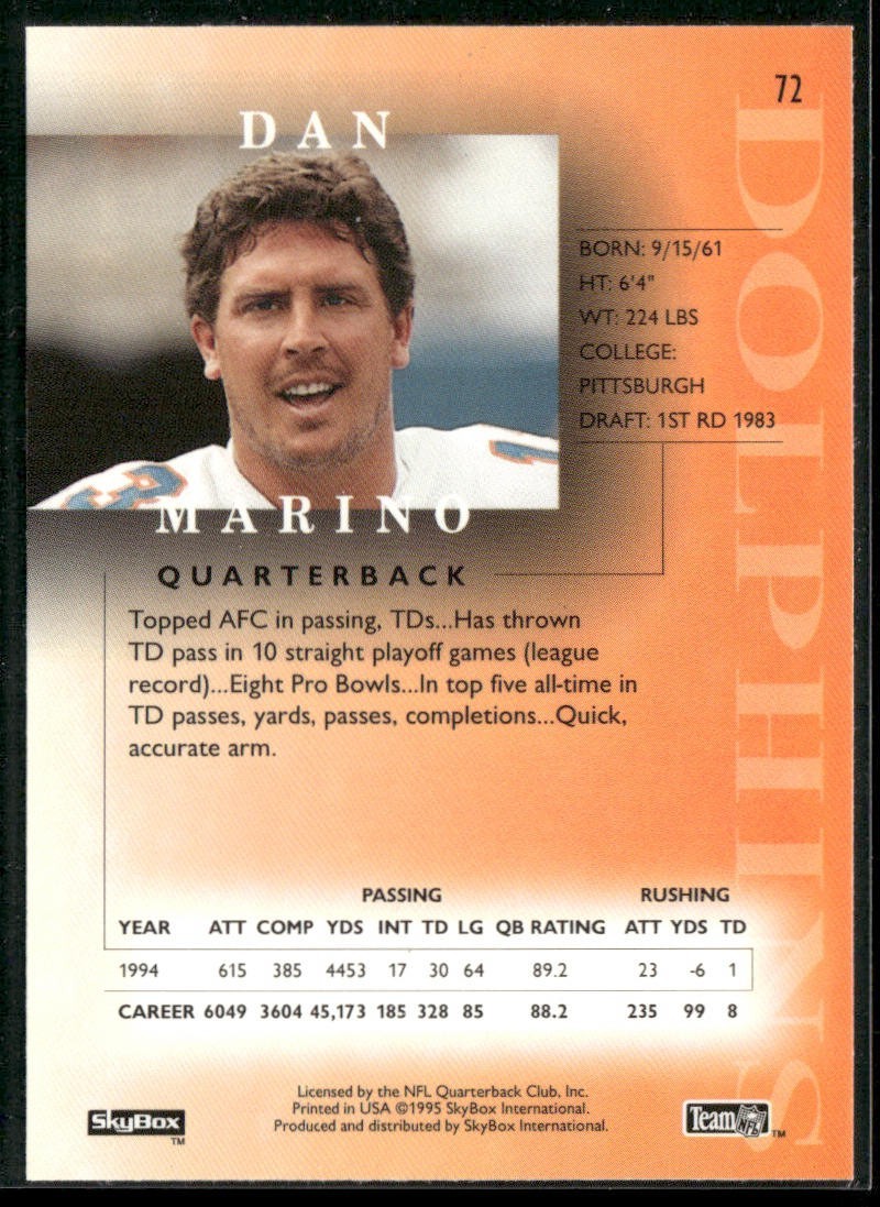 Dan Marino Player Lot Bundle 10 Football Cards DM009 Dolphins back