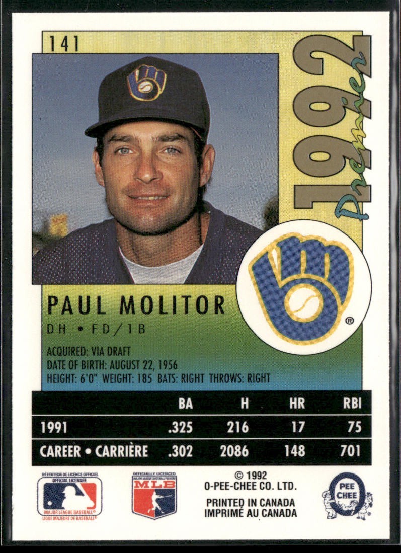 Paul Molitor Player Lot Bundle 10 Different Baseball Cards PM001 Brewers back