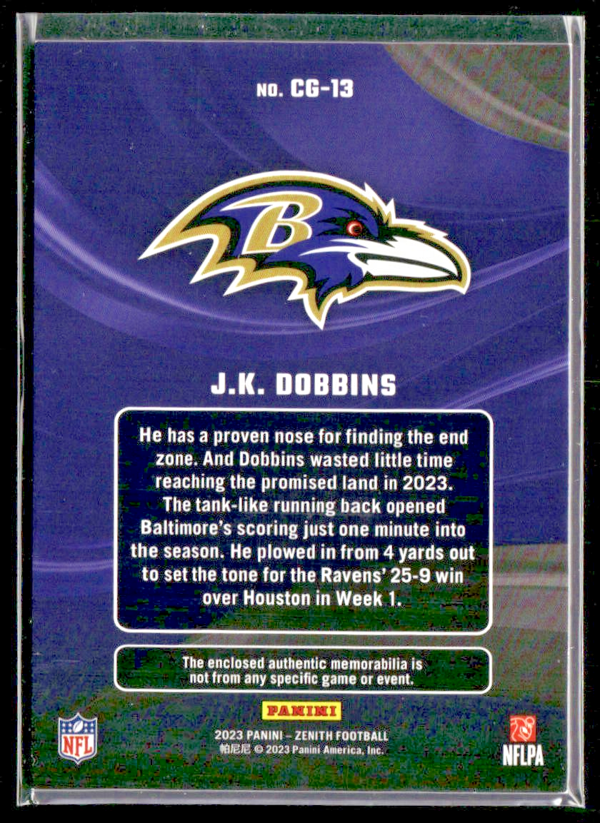 2023 Panini Zenith J.K. Dobbins Color Guard Jersey #CG-13 Baltimore Ravens back