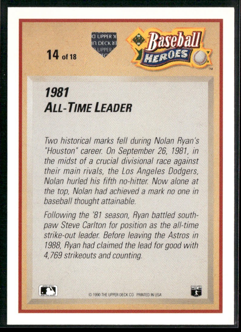 Nolan Ryan Player Lot Bundle 10 Different Baseball Cards NR003 Rangers back