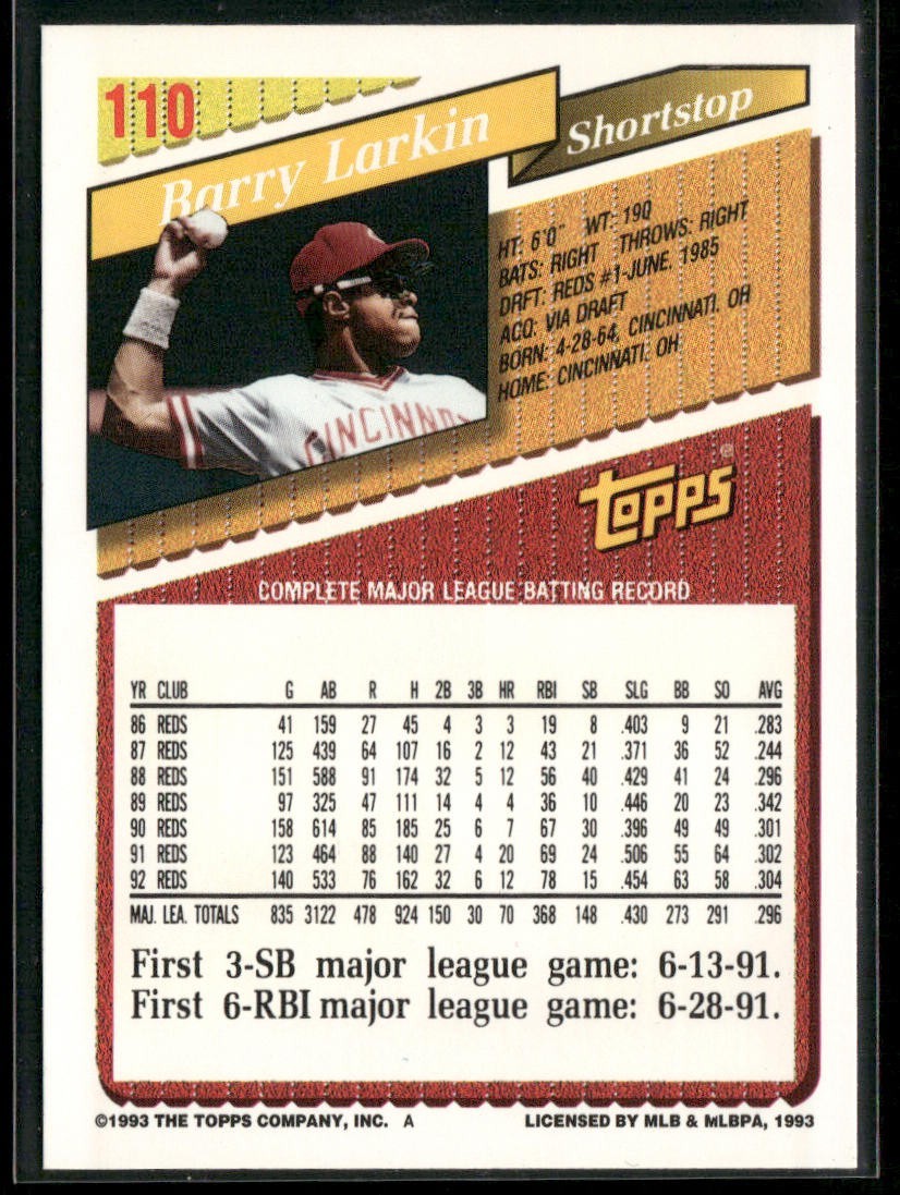 Barry Larkin Player Lot Bundle 10 Different Baseball Cards BL002 Reds back