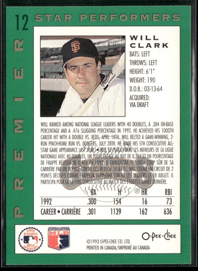 Will Clark Player Lot Bundle 10 Different Baseball Cards WC001 Giants back