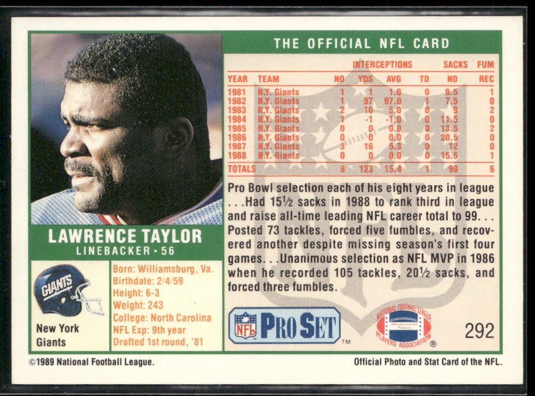 Lawrence Taylor Player Lot Bundle 10 Different Football Cards LT002 Giants back