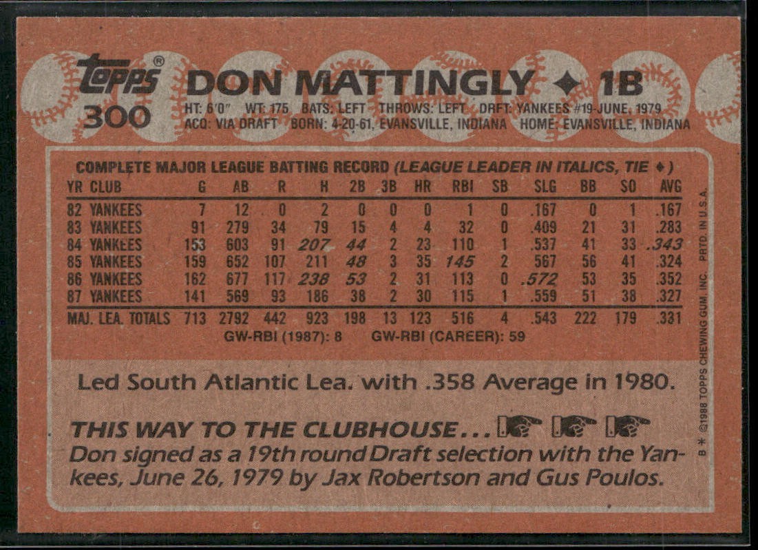 Don Mattingly Player Lot Bundle 10 Different Baseball Cards DM001 Yankees back