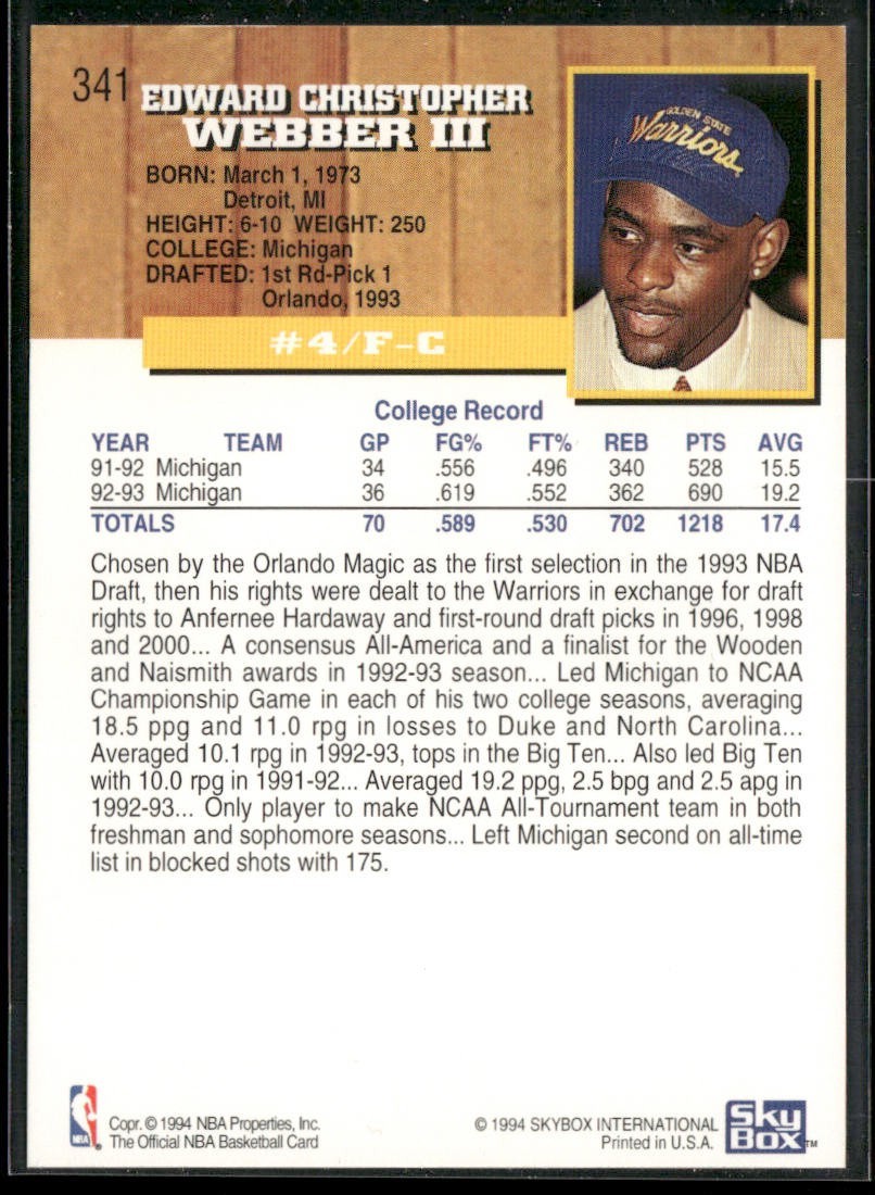 Chris Webber Player Lot Bundle 10 Basketball Cards CW003 Warriors 1 RC back