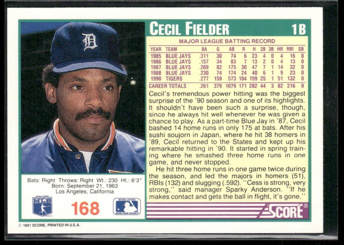Cecil Fielder Player Lot Bundle 10 Different Baseball Cards CF002 Tigers back