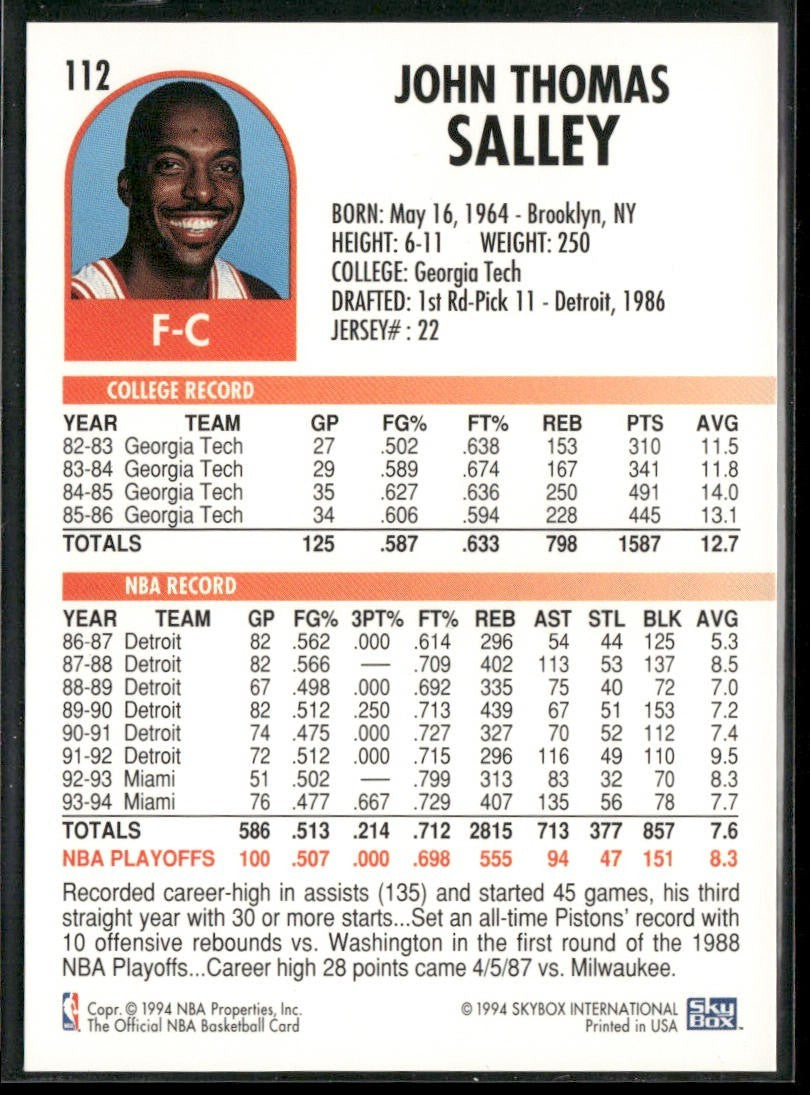 John Salley Player Lot Bundle 10 Basketball Cards JS001 Heat Pistons back