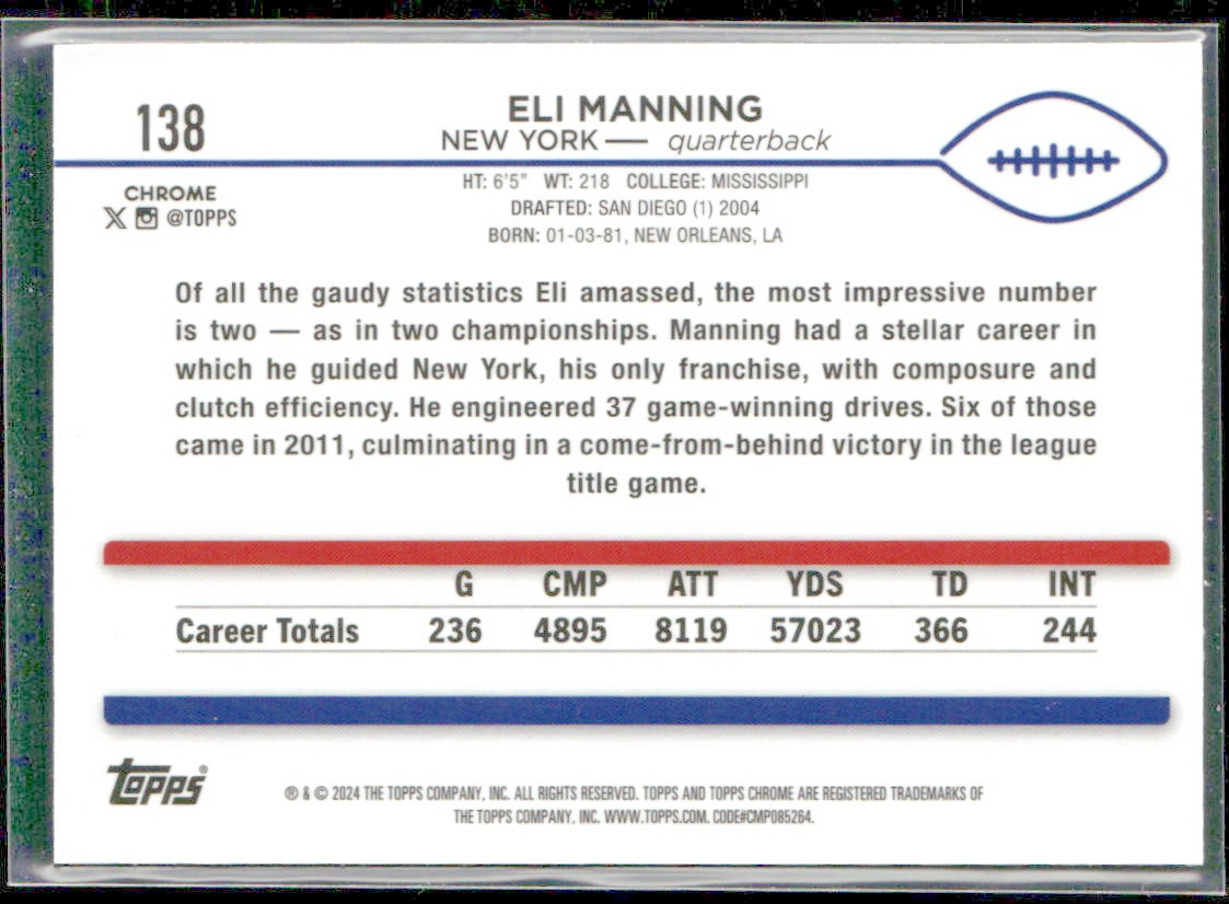 2024 Topps Chrome #138 Eli Manning Teal Refractor #/250 New York Giants back