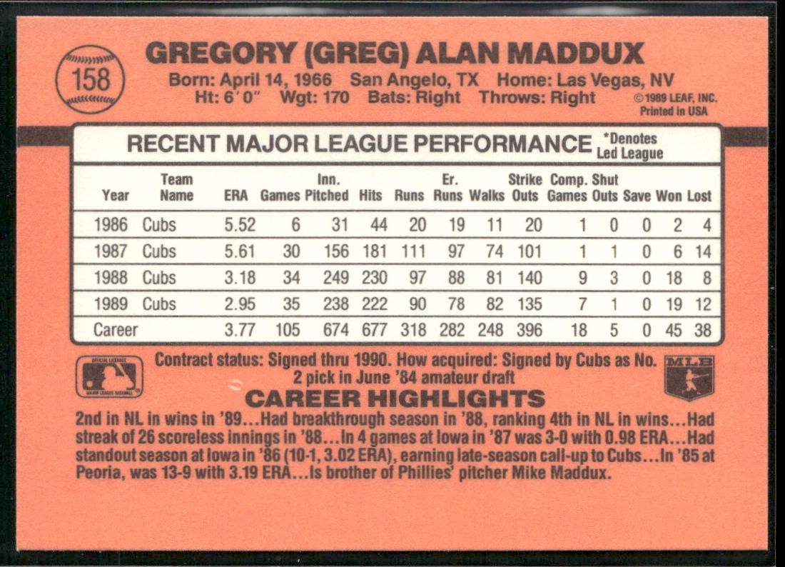Greg Maddux Player Lot Bundle 10 Different Baseball Cards GM001 Braves back