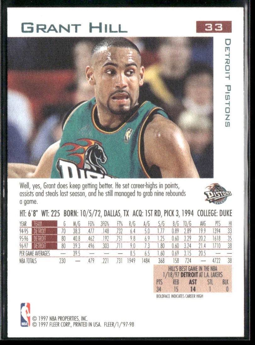 Grant Hill Player Lot Bundle 10 Basketball Cards GH002 Pistons 1 RC back
