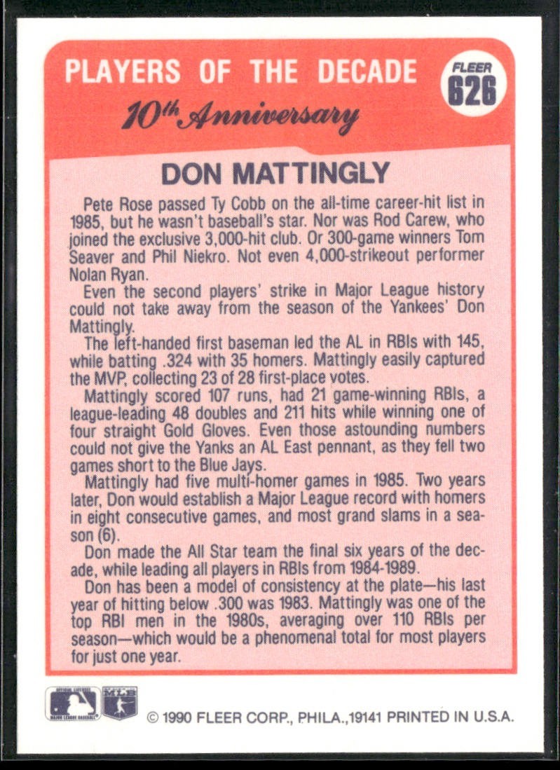 Don Mattingly Player Lot Bundle 10 Different Baseball Cards DM001 Yankees back