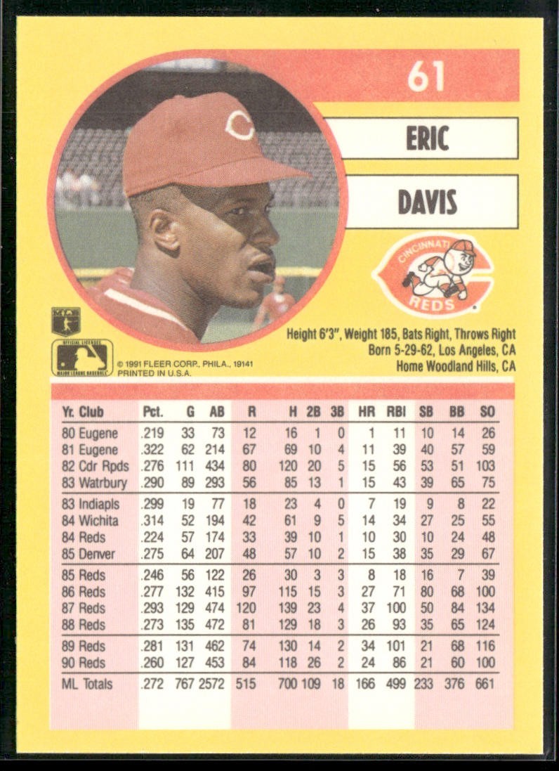 Eric Davis Player Lot Bundle 10 Different Baseball Cards ED001 Reds back