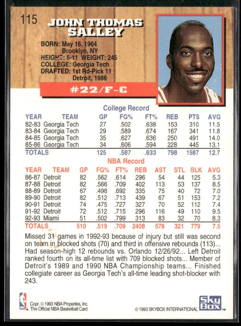 John Salley Player Lot Bundle 10 Basketball Cards JS003 Heat Pistons back