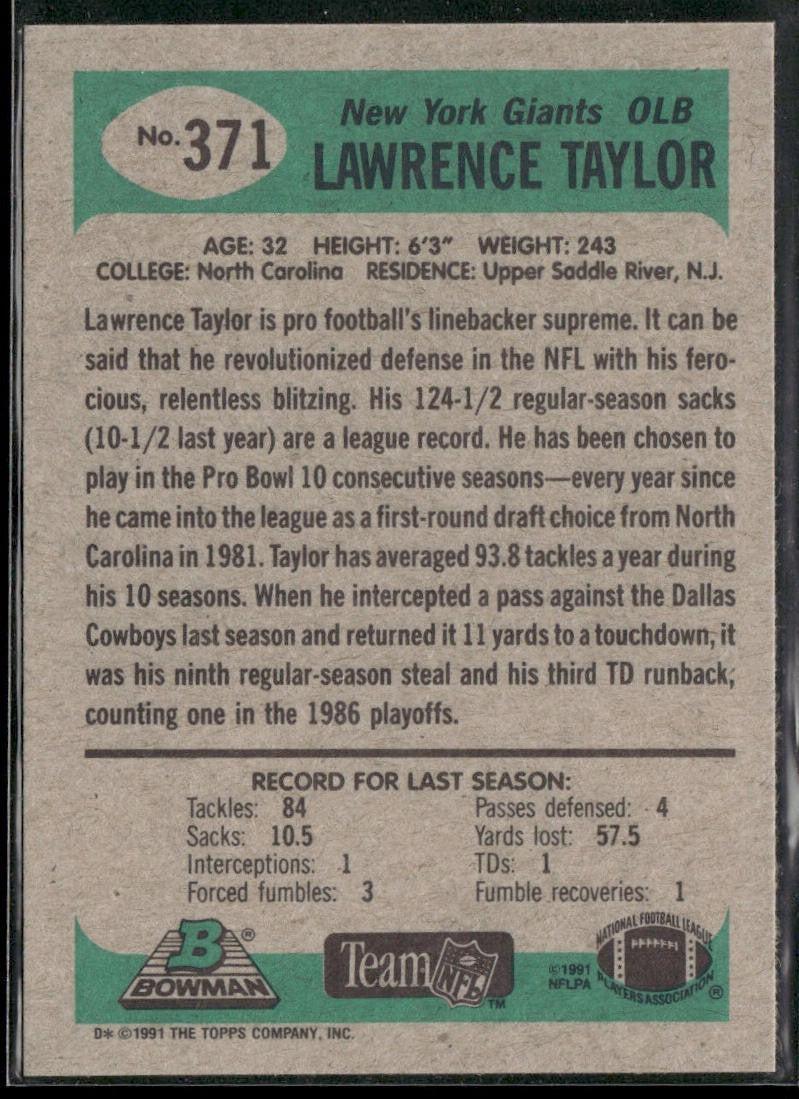 Lawrence Taylor Player Lot Bundle 10 Different Football Cards LT004 Giants back