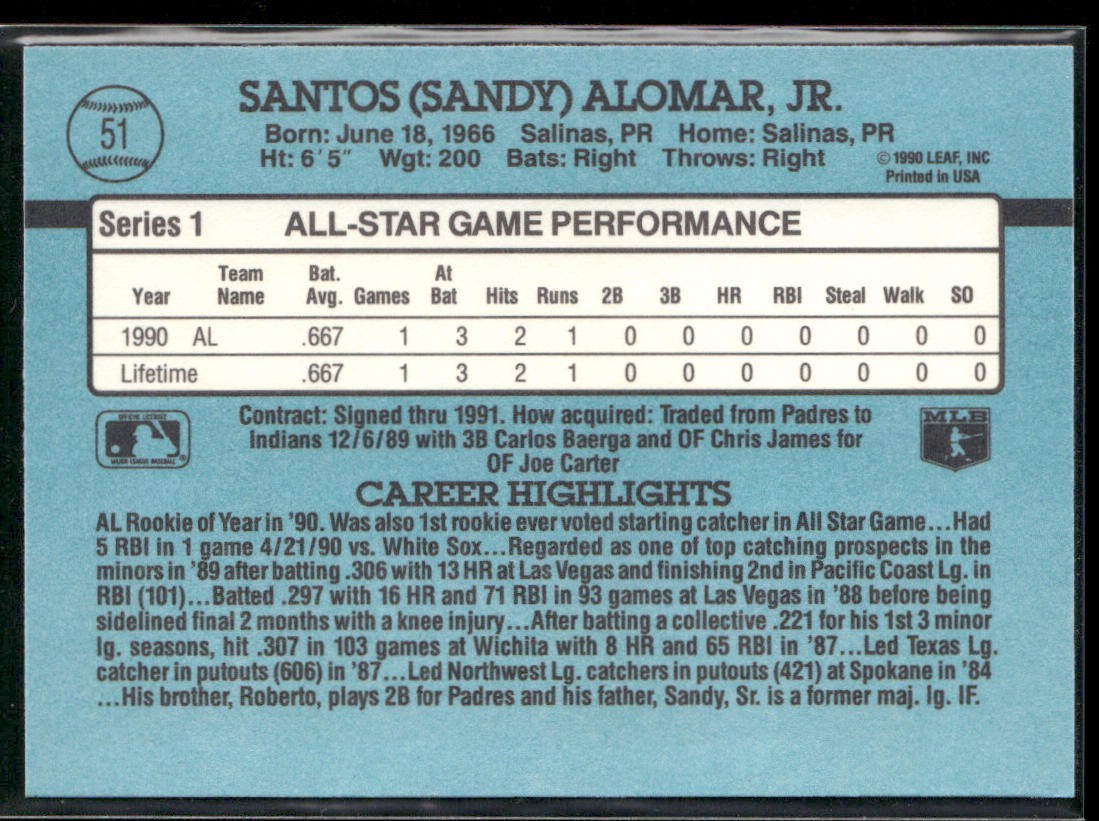 Sandy Alomar Jr. Lot Bundle 10 Different Baseball Cards SAJ001 Indians 2 RC back