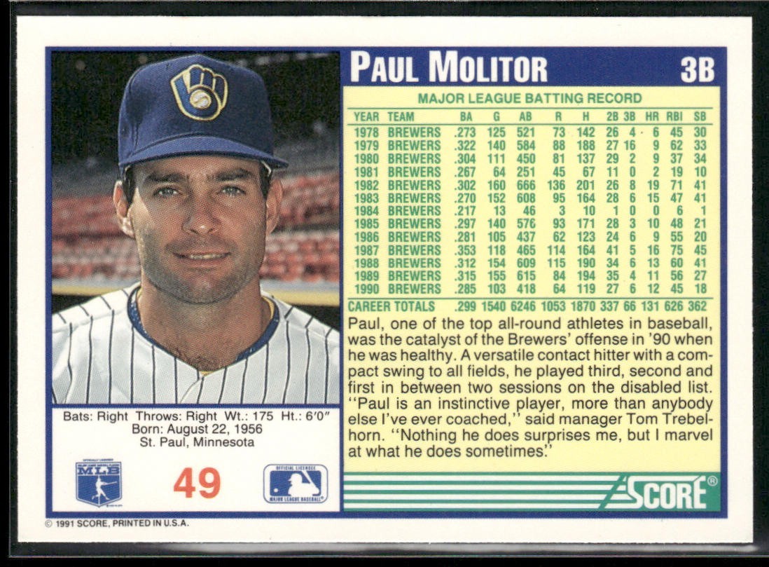 Paul Molitor Player Lot Bundle 10 Different Baseball Cards PM001 Brewers back