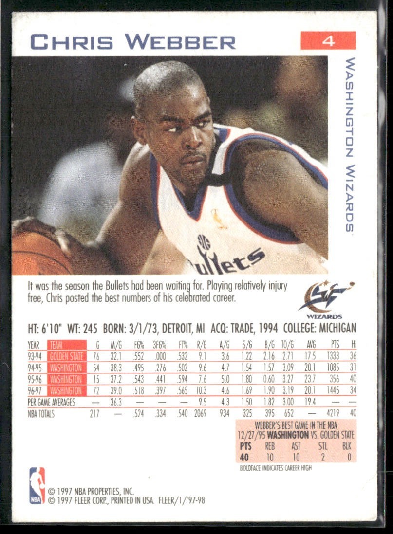 Chris Webber Player Lot Bundle 10 Basketball Cards CW003 Warriors 1 RC back
