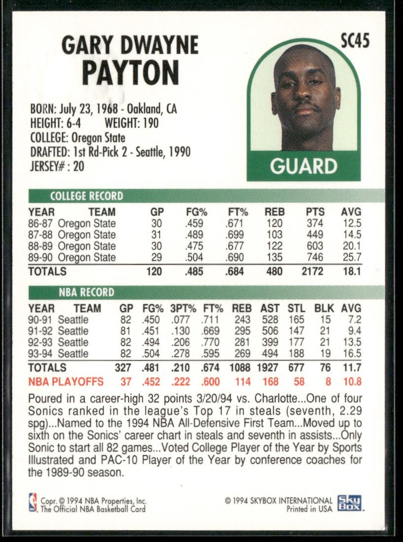 Gary Payton Player Lot Bundle 10 Basketball Cards GP002 Supersonics back