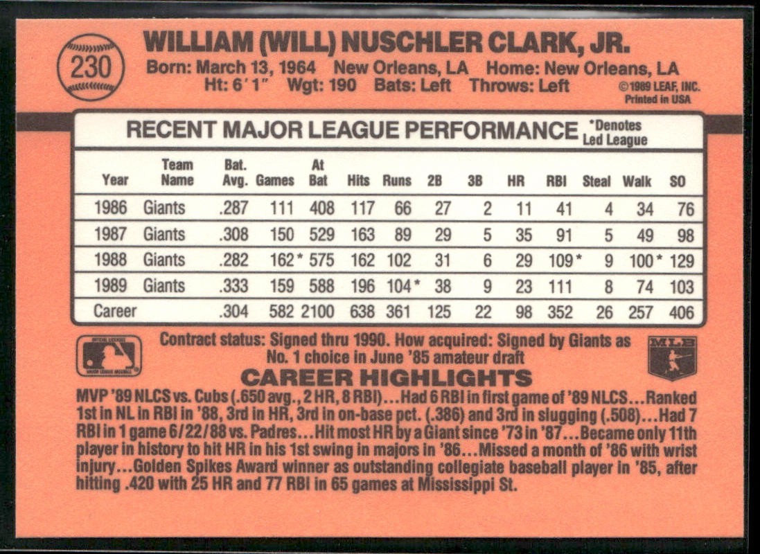 Will Clark Player Lot Bundle 10 Different Baseball Cards WC002 Giants back