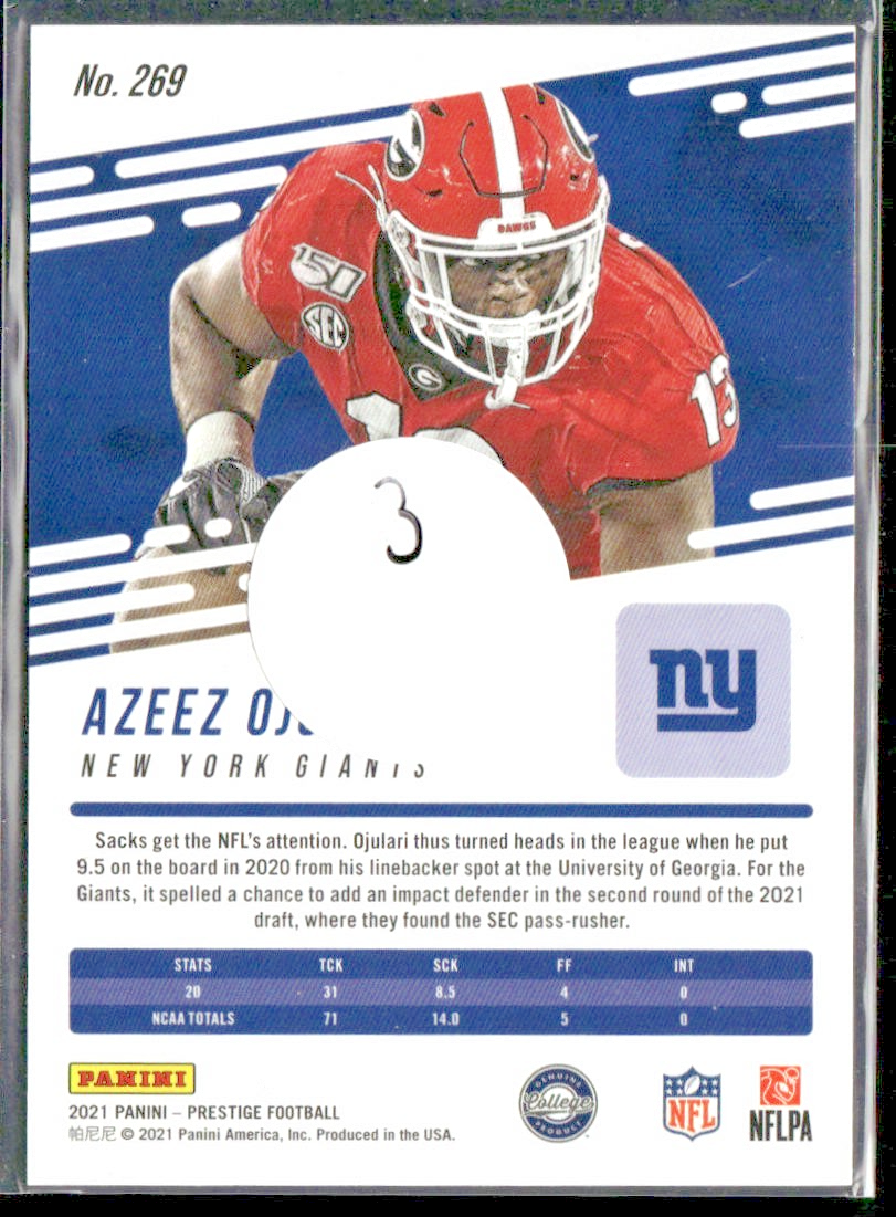 2021 Panini Prestige Rookies Xtra Points Blue /249 Azeez Ojulari #269 Rookie RC back