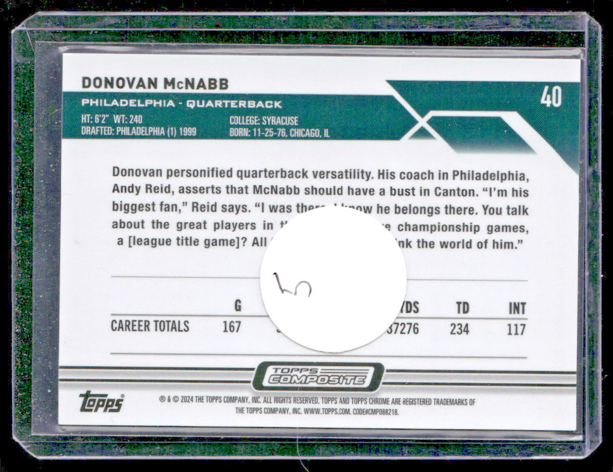 Donovan McNabb 2023 Topps Composite Chrome Blue Refractor /150 Eagles QB HOF back