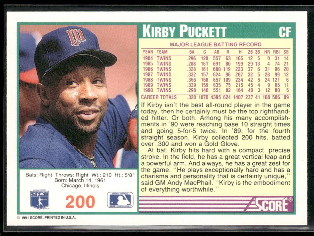 Kirby Puckett Player Lot Bundle 10 Different Baseball Cards KP001 Twins back