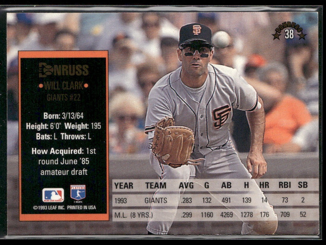 Will Clark Player Lot Bundle 10 Different Baseball Cards WC001 Giants back