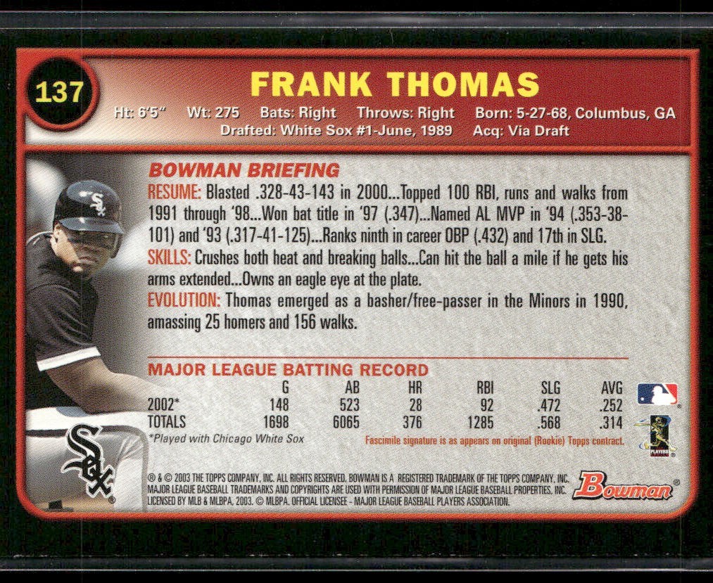 Frank Thomas Player Lot Bundle 10 Different Baseball Cards FT001 White Sox back