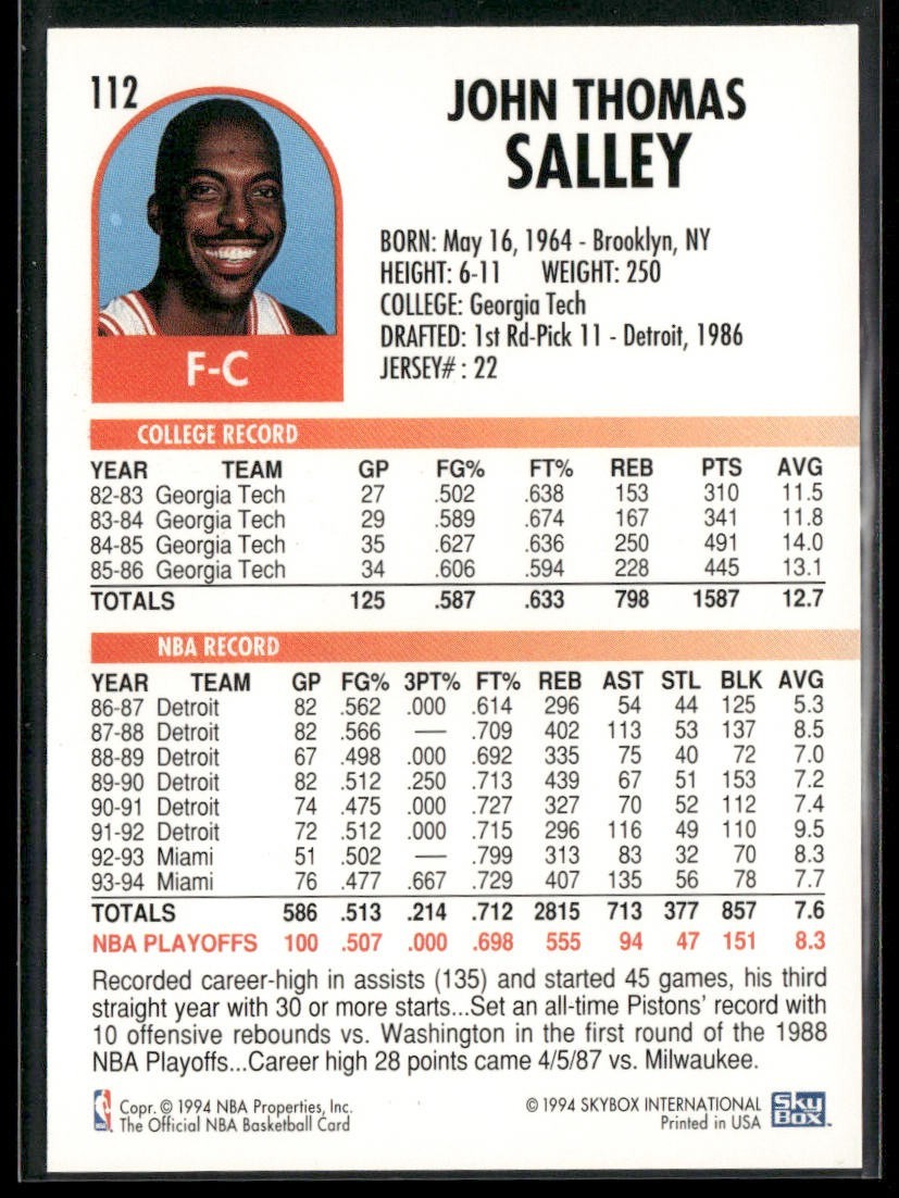John Salley Player Lot Bundle 10 Basketball Cards JS002 Heat Pistons back