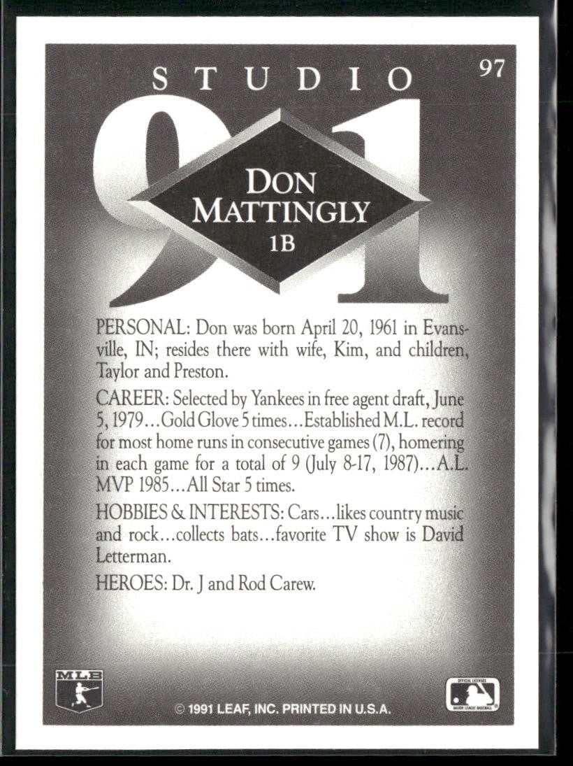 Don Mattingly Player Lot Bundle 10 Different Baseball Cards DM001 Yankees back