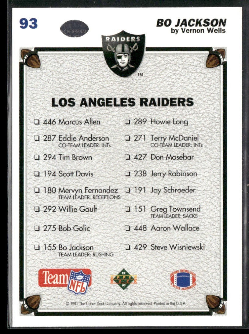 Bo Jackson Player Lot Bundle 10 Different Football Cards BOJ002 Raiders back